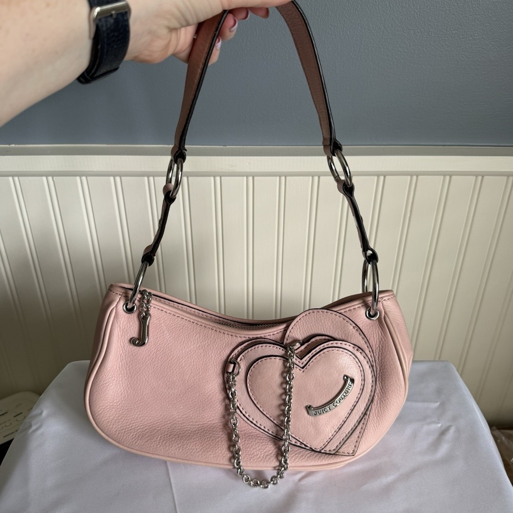 Vintage Juicy Couture Light Pink Leather Mini Baguette Shoulder Bag Y2K Heart